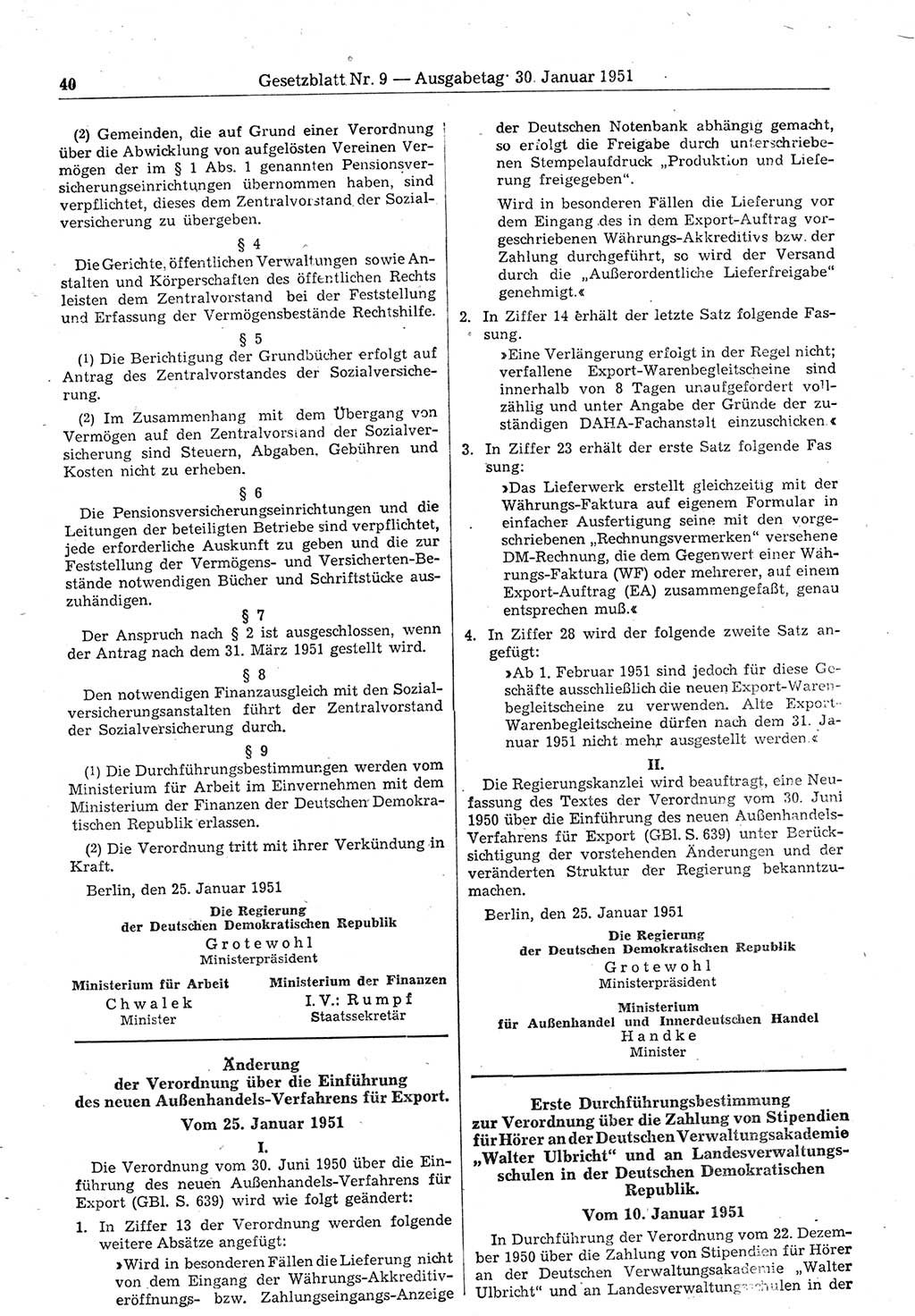 Gesetzblatt (GBl.) der Deutschen Demokratischen Republik (DDR) 1951, Seite 40 (GBl. DDR 1951, S. 40)