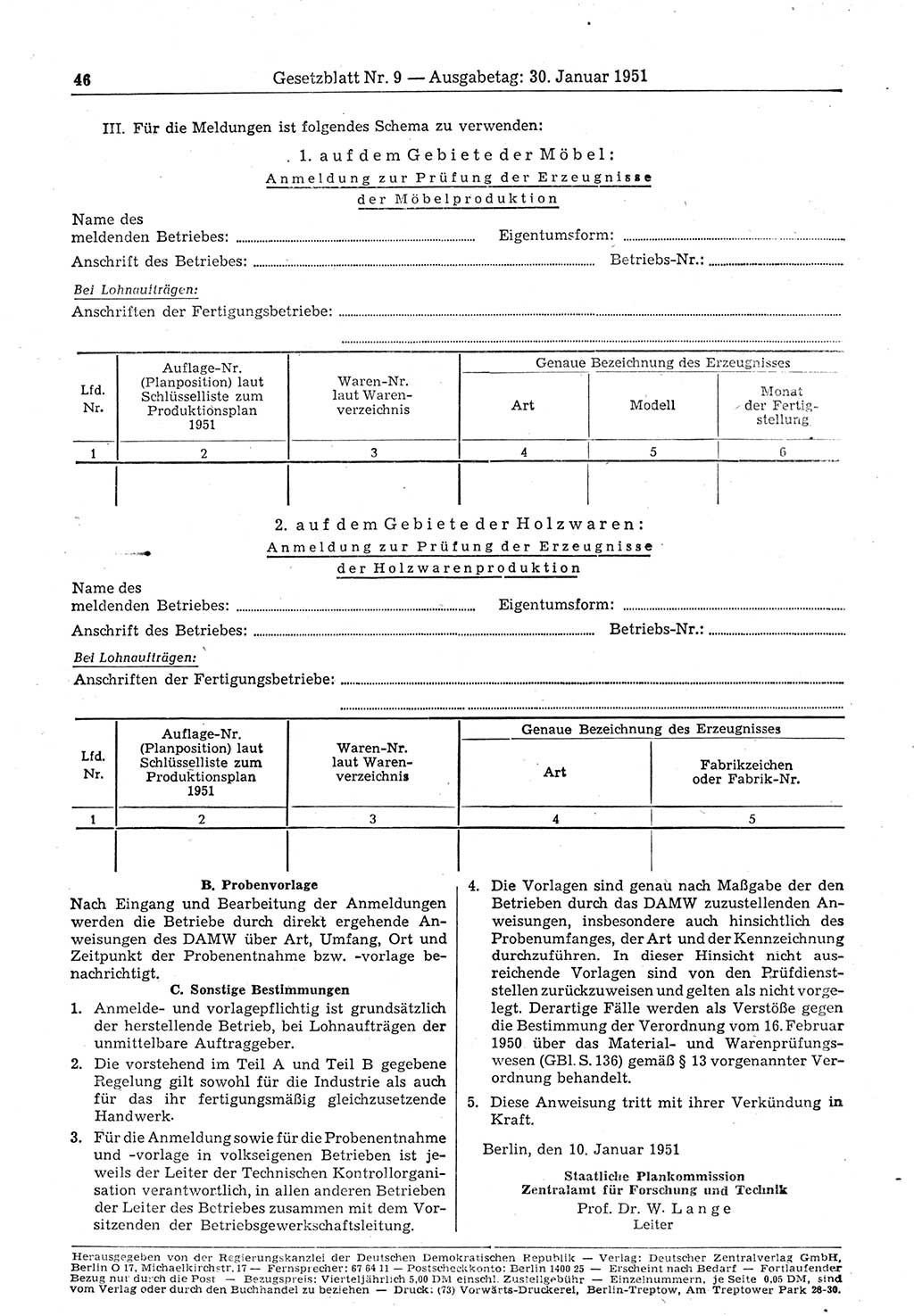 Gesetzblatt (GBl.) der Deutschen Demokratischen Republik (DDR) 1951, Seite 46 (GBl. DDR 1951, S. 46)