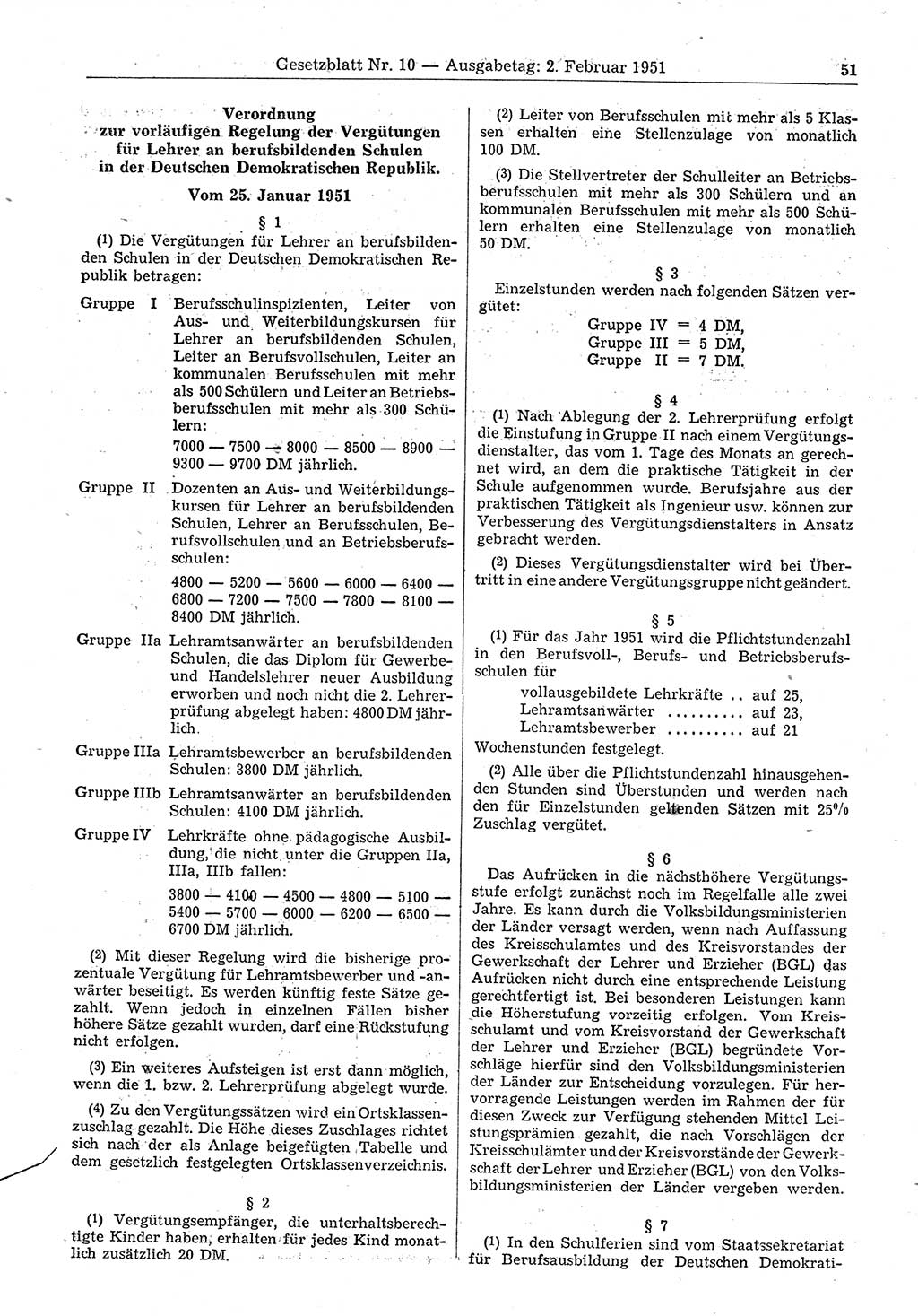 Gesetzblatt (GBl.) der Deutschen Demokratischen Republik (DDR) 1951, Seite 51 (GBl. DDR 1951, S. 51)