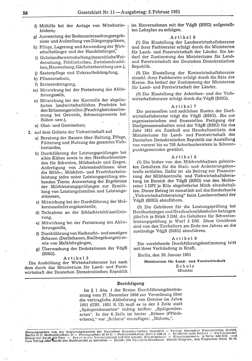 Gesetzblatt (GBl.) der Deutschen Demokratischen Republik (DDR) 1951, Seite 56 (GBl. DDR 1951, S. 56)