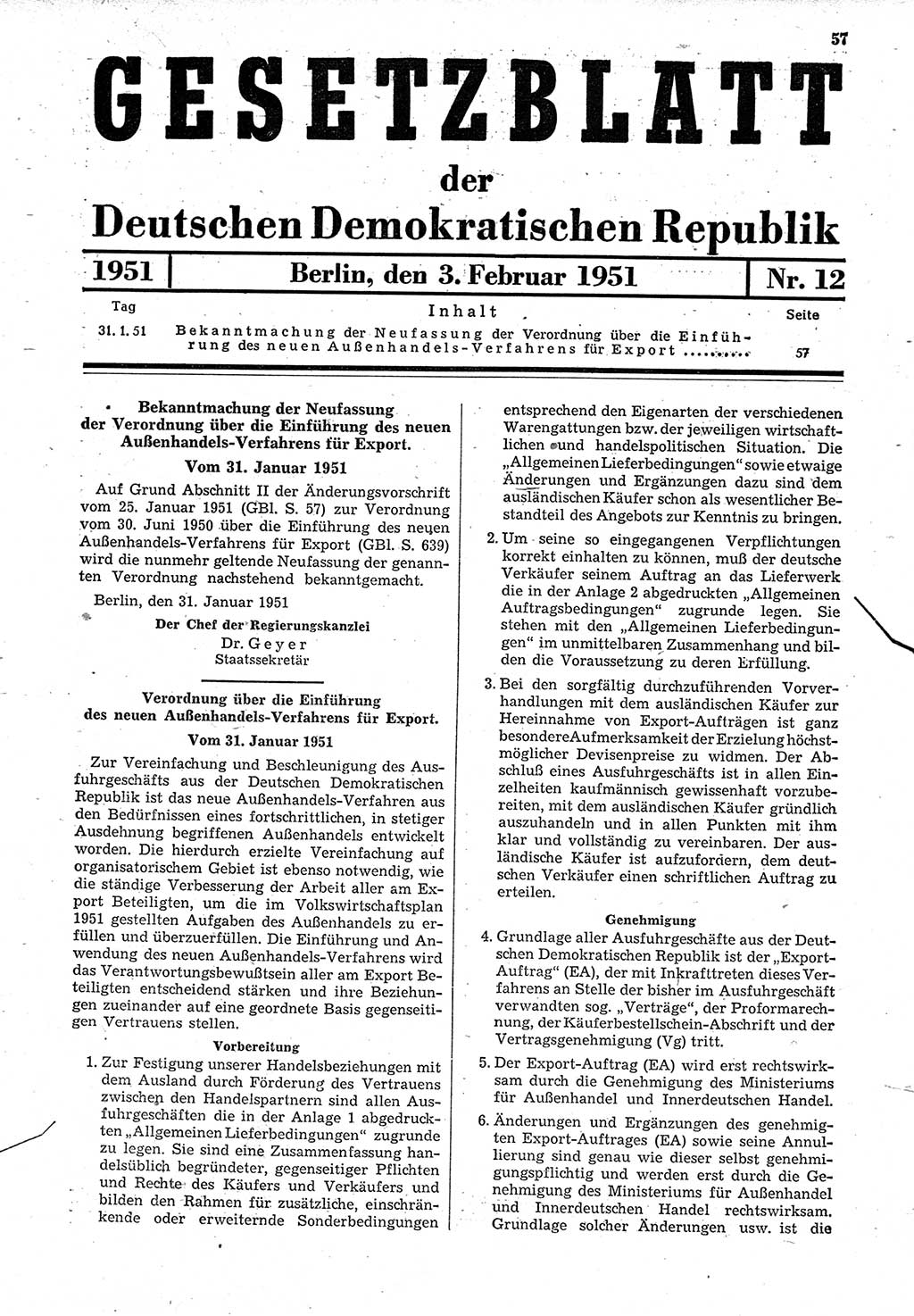 Gesetzblatt (GBl.) der Deutschen Demokratischen Republik (DDR) 1951, Seite 57 (GBl. DDR 1951, S. 57)