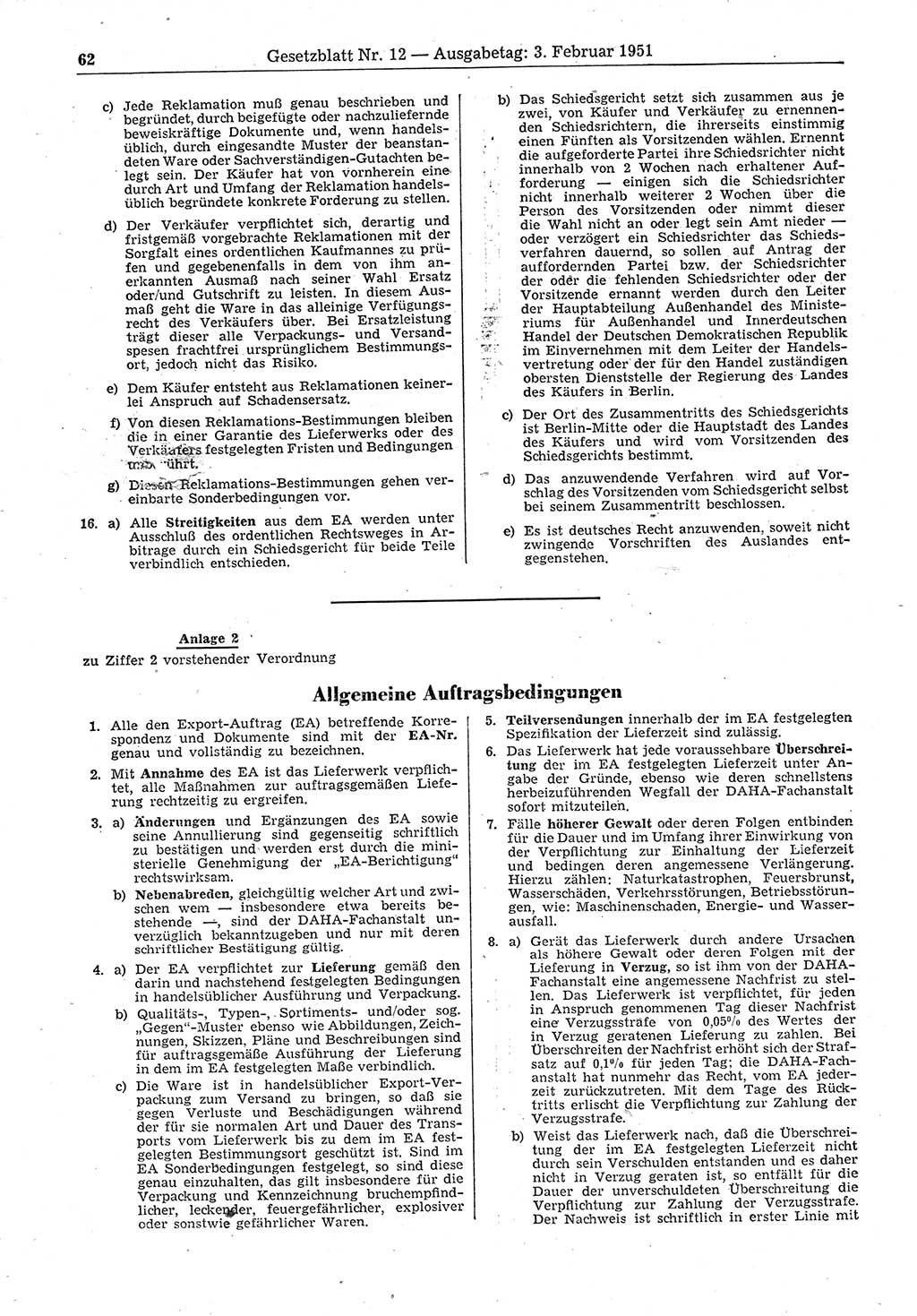 Gesetzblatt (GBl.) der Deutschen Demokratischen Republik (DDR) 1951, Seite 62 (GBl. DDR 1951, S. 62)