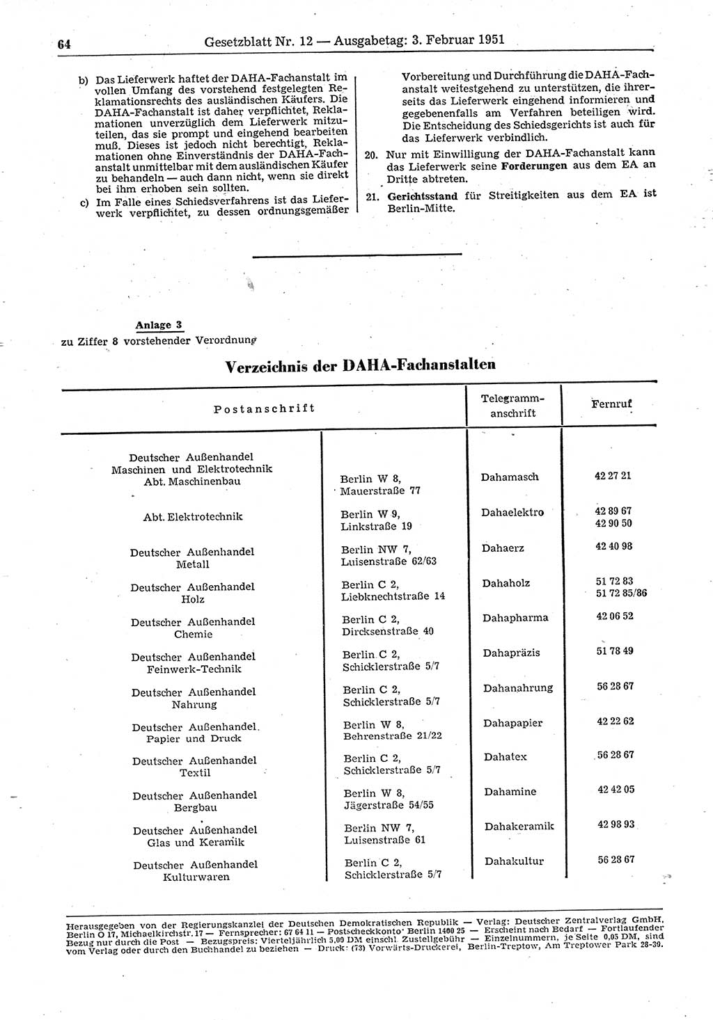 Gesetzblatt (GBl.) der Deutschen Demokratischen Republik (DDR) 1951, Seite 64 (GBl. DDR 1951, S. 64)