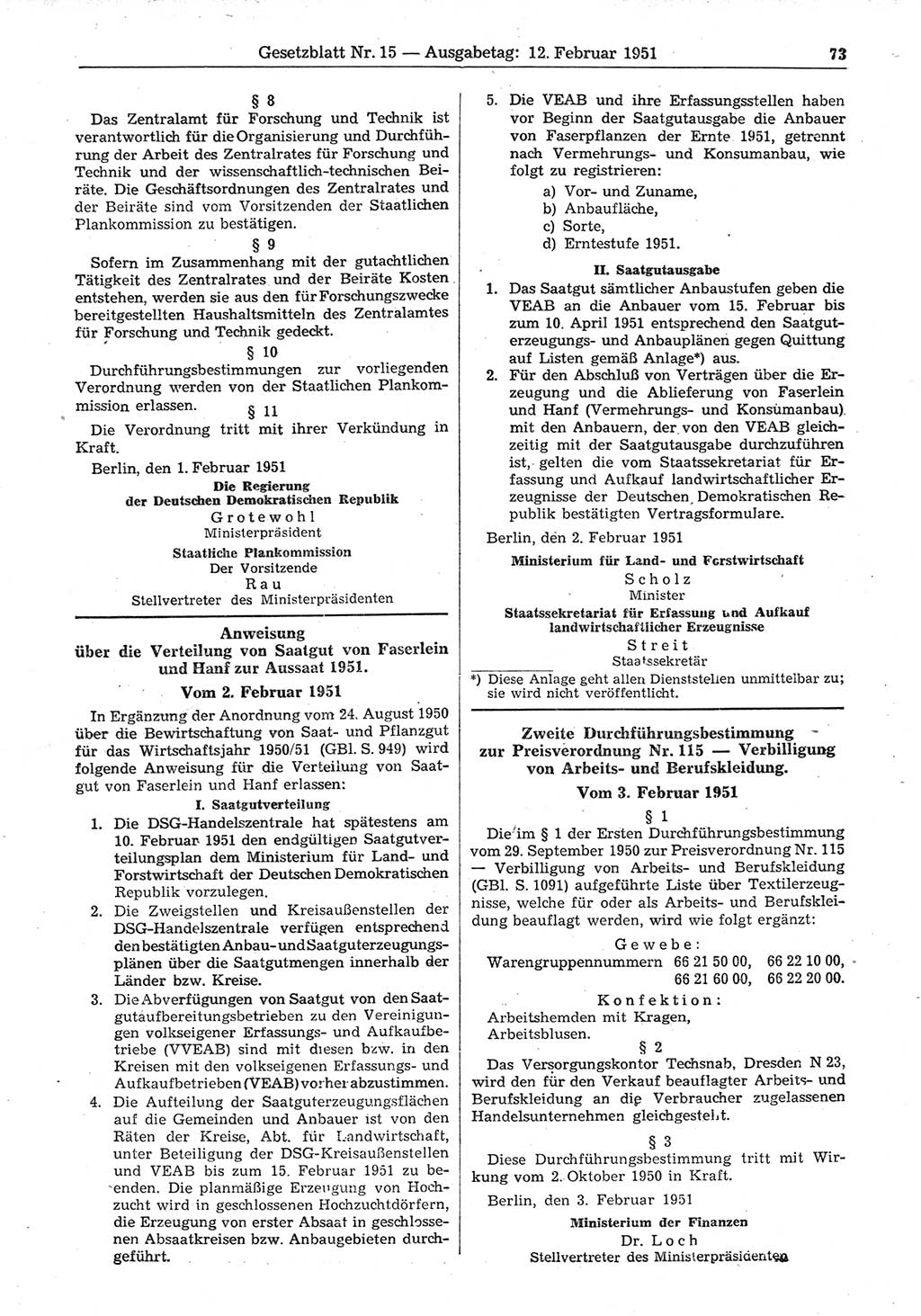 Gesetzblatt (GBl.) der Deutschen Demokratischen Republik (DDR) 1951, Seite 73 (GBl. DDR 1951, S. 73)