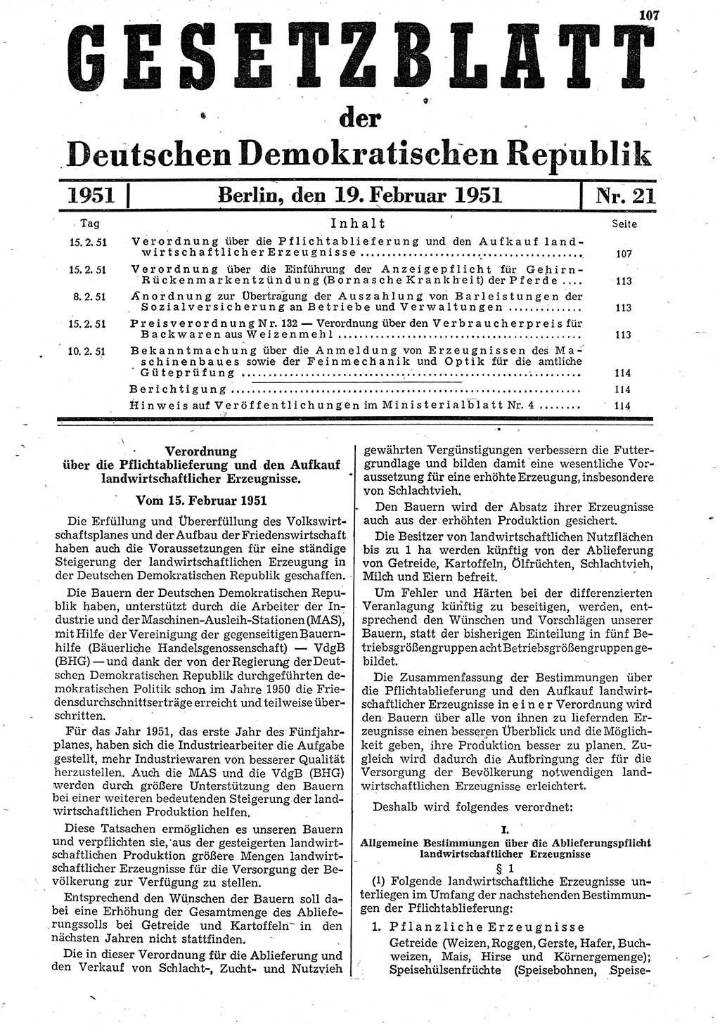 Gesetzblatt (GBl.) der Deutschen Demokratischen Republik (DDR) 1951, Seite 107 (GBl. DDR 1951, S. 107)