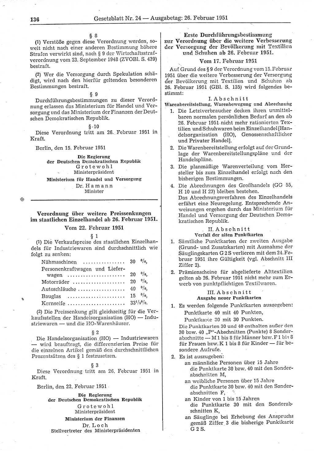 Gesetzblatt (GBl.) der Deutschen Demokratischen Republik (DDR) 1951, Seite 136 (GBl. DDR 1951, S. 136)
