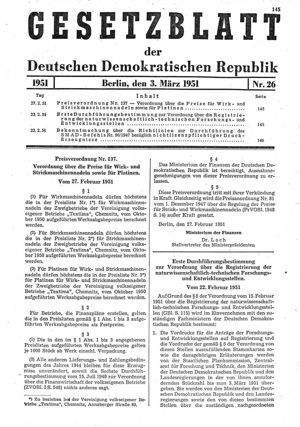 Gesetzblatt (GBl.) der Deutschen Demokratischen Republik (DDR) 1951, Seite 145 (GBl. DDR 1951, S. 145)