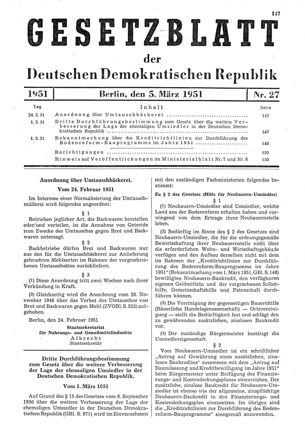 Gesetzblatt (GBl.) der Deutschen Demokratischen Republik (DDR) 1951, Seite 147 (GBl. DDR 1951, S. 147)