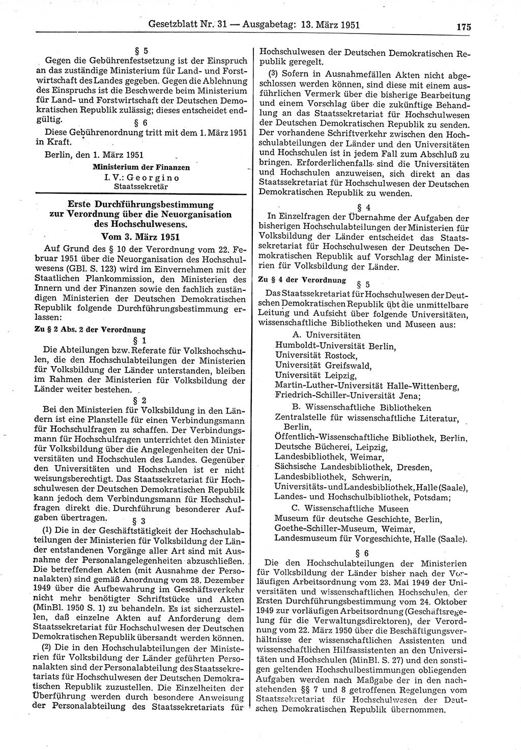 Gesetzblatt (GBl.) der Deutschen Demokratischen Republik (DDR) 1951, Seite 175 (GBl. DDR 1951, S. 175)