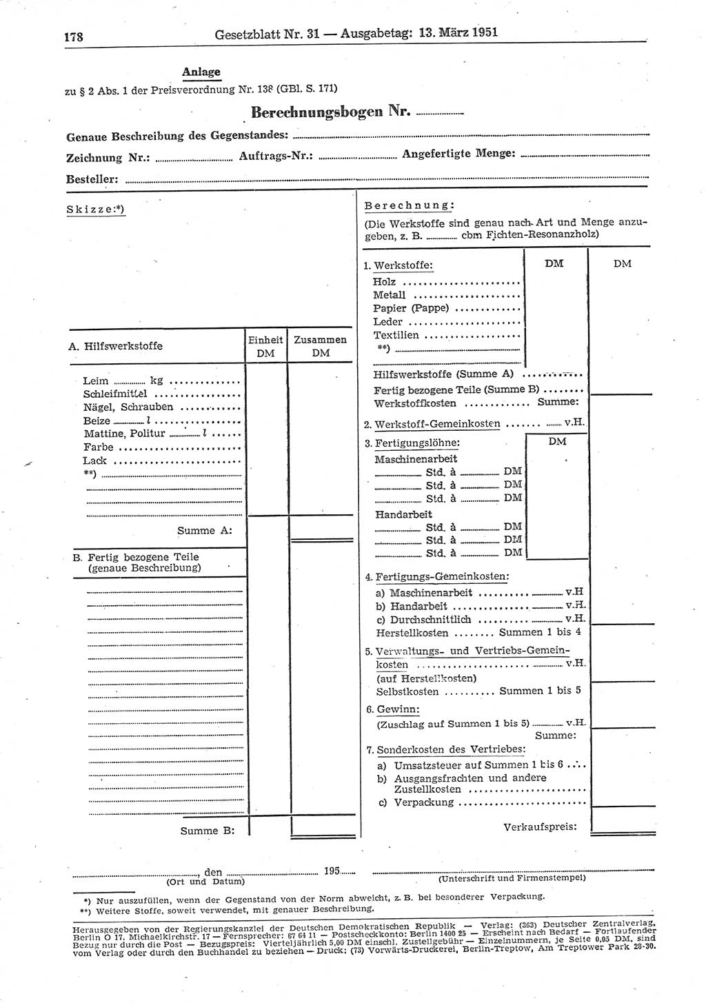 Gesetzblatt (GBl.) der Deutschen Demokratischen Republik (DDR) 1951, Seite 178 (GBl. DDR 1951, S. 178)