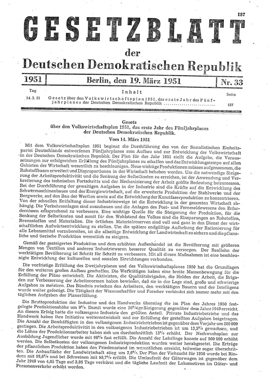 Gesetzblatt (GBl.) der Deutschen Demokratischen Republik (DDR) 1951, Seite 187 (GBl. DDR 1951, S. 187)