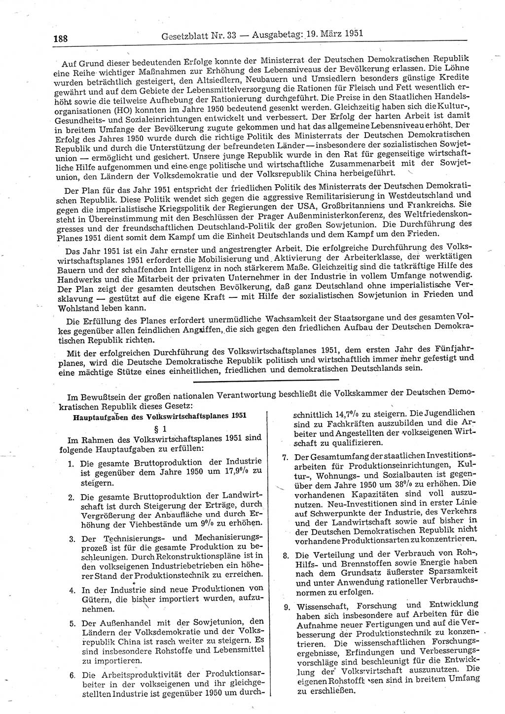 Gesetzblatt (GBl.) der Deutschen Demokratischen Republik (DDR) 1951, Seite 188 (GBl. DDR 1951, S. 188)