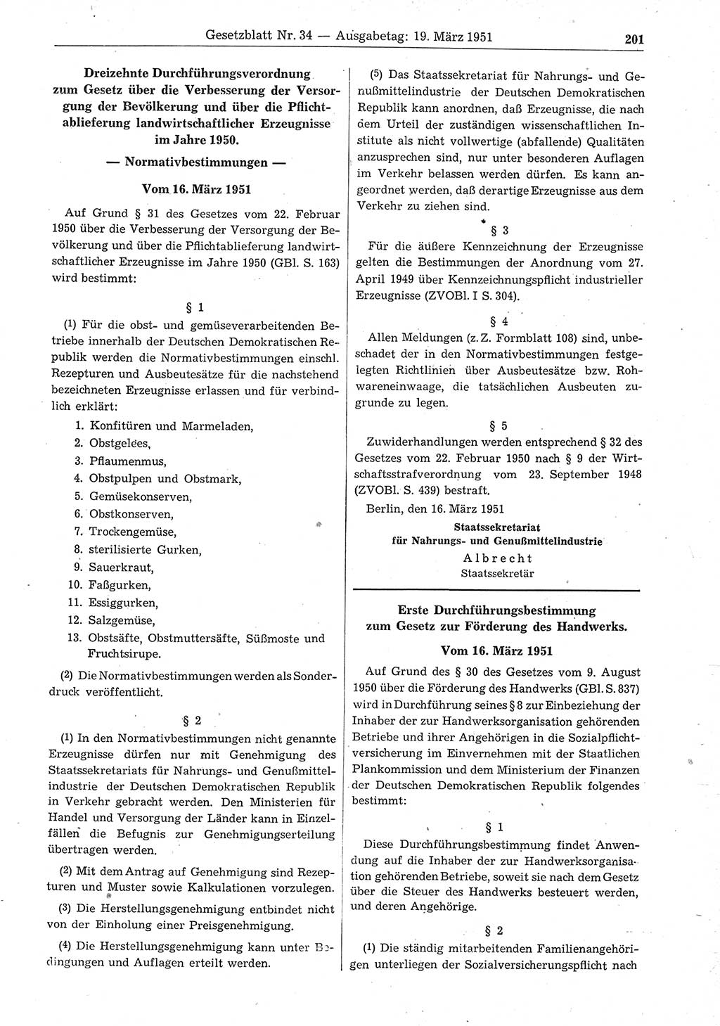 Gesetzblatt (GBl.) der Deutschen Demokratischen Republik (DDR) 1951, Seite 201 (GBl. DDR 1951, S. 201)