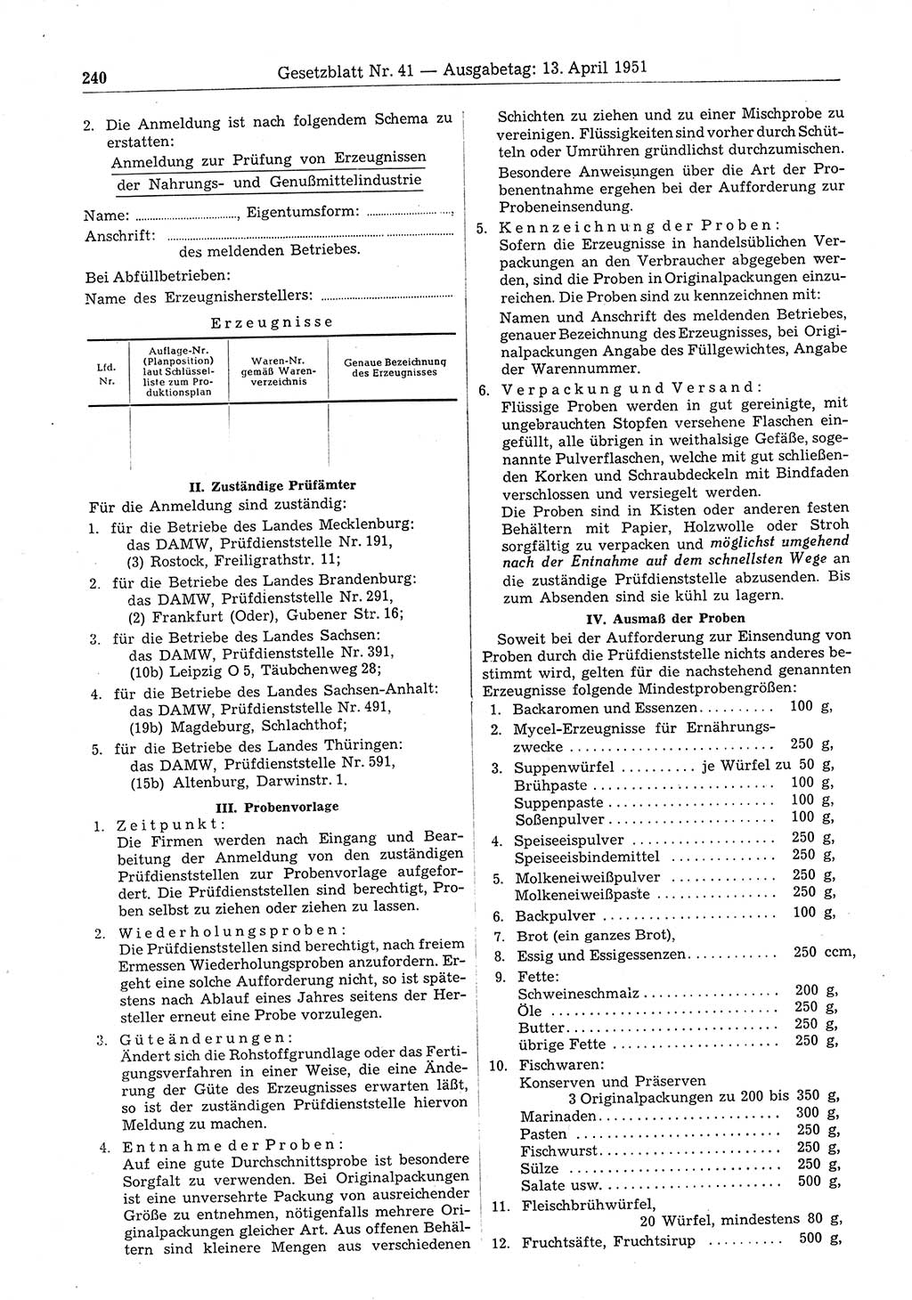 Gesetzblatt (GBl.) der Deutschen Demokratischen Republik (DDR) 1951, Seite 240 (GBl. DDR 1951, S. 240)