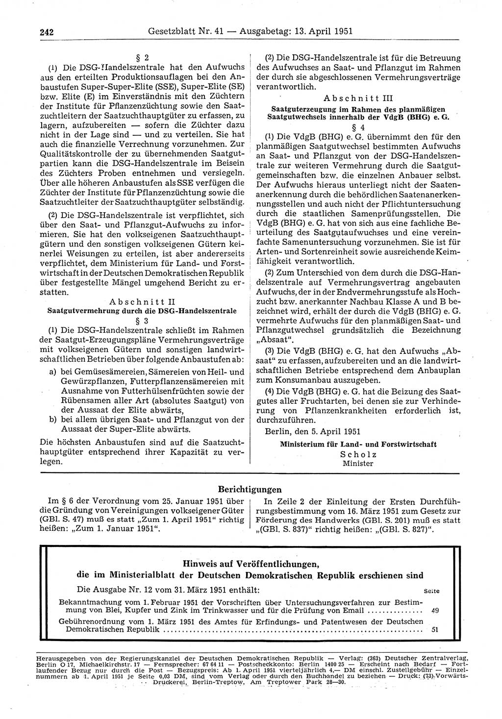 Gesetzblatt (GBl.) der Deutschen Demokratischen Republik (DDR) 1951, Seite 242 (GBl. DDR 1951, S. 242)