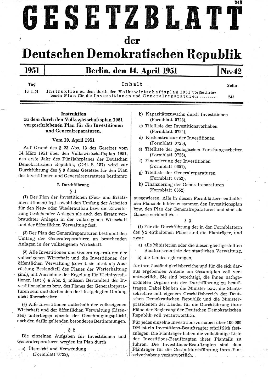 Gesetzblatt (GBl.) der Deutschen Demokratischen Republik (DDR) 1951, Seite 243 (GBl. DDR 1951, S. 243)