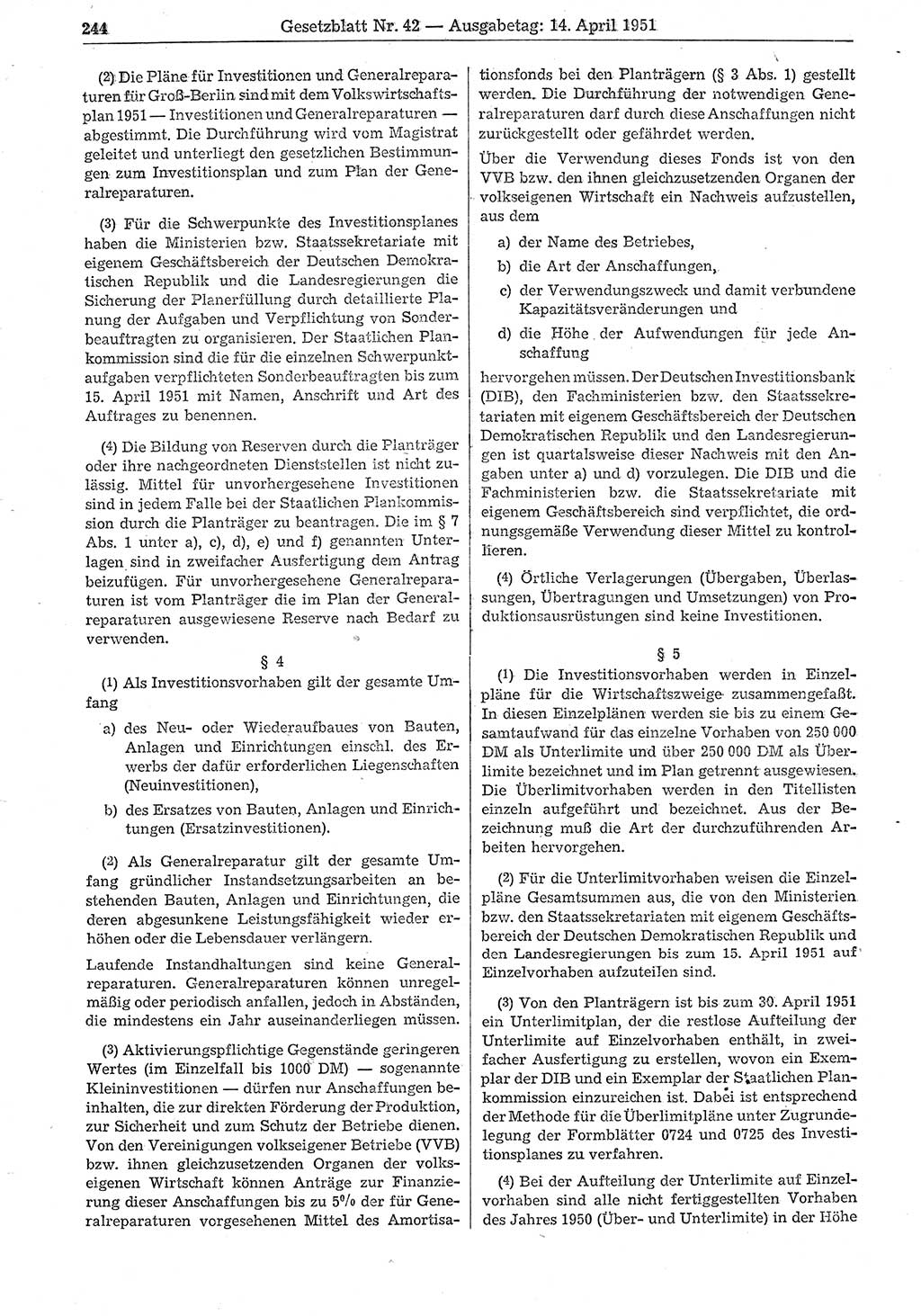 Gesetzblatt (GBl.) der Deutschen Demokratischen Republik (DDR) 1951, Seite 244 (GBl. DDR 1951, S. 244)