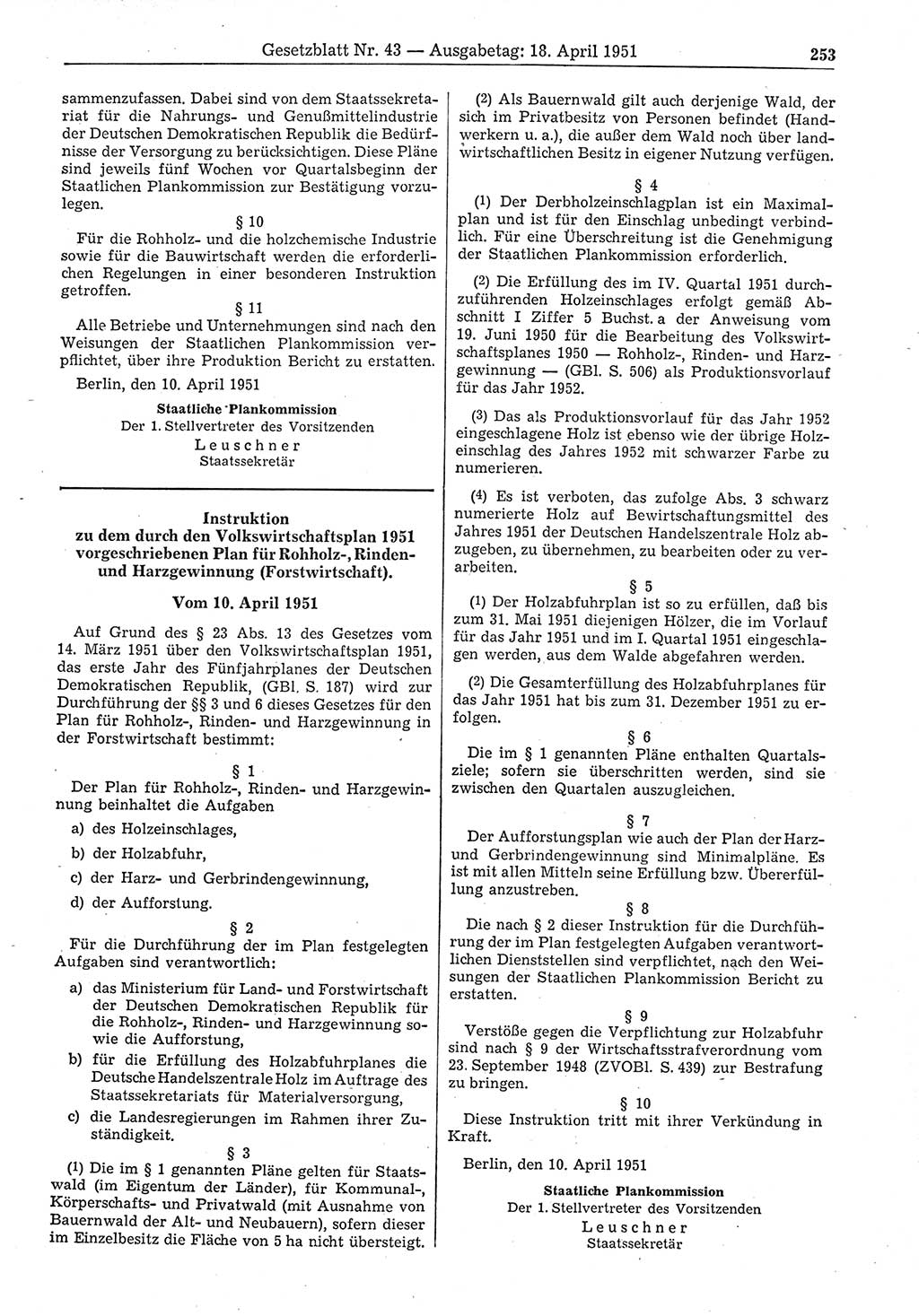 Gesetzblatt (GBl.) der Deutschen Demokratischen Republik (DDR) 1951, Seite 253 (GBl. DDR 1951, S. 253)