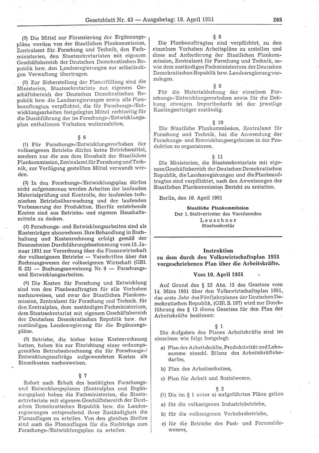 Gesetzblatt (GBl.) der Deutschen Demokratischen Republik (DDR) 1951, Seite 265 (GBl. DDR 1951, S. 265)