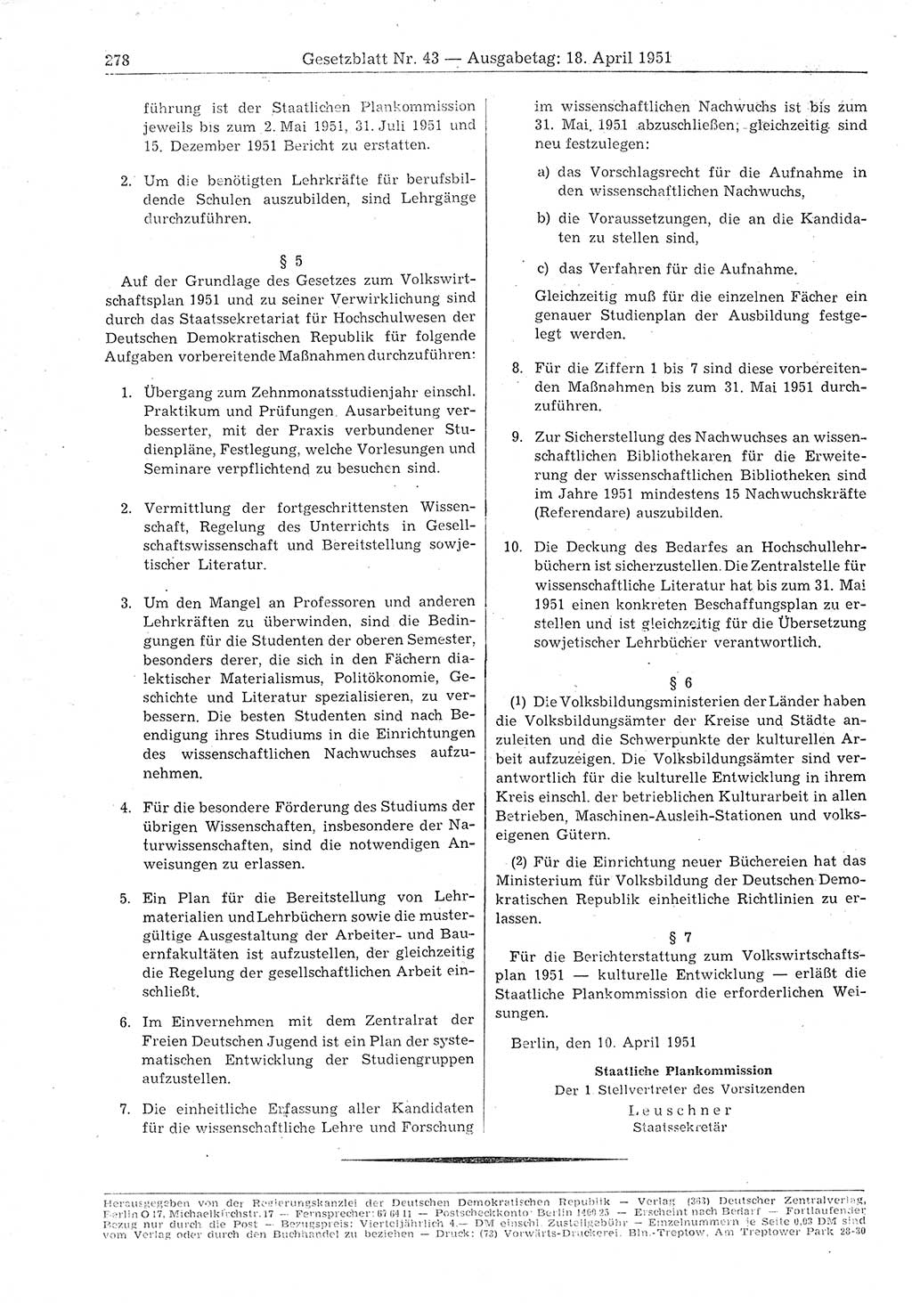 Gesetzblatt (GBl.) der Deutschen Demokratischen Republik (DDR) 1951, Seite 278 (GBl. DDR 1951, S. 278)