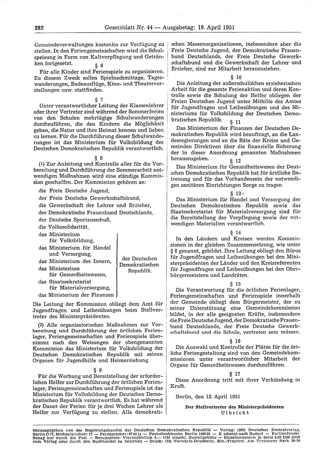 Gesetzblatt (GBl.) der Deutschen Demokratischen Republik (DDR) 1951, Seite 282 (GBl. DDR 1951, S. 282)