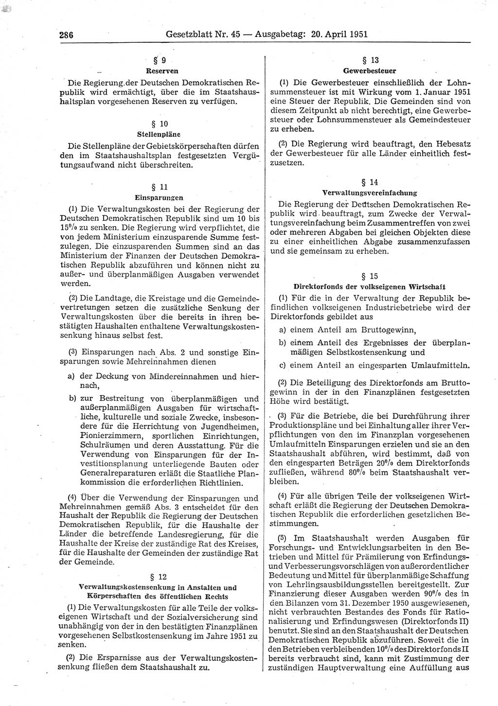 Gesetzblatt (GBl.) der Deutschen Demokratischen Republik (DDR) 1951, Seite 286 (GBl. DDR 1951, S. 286)