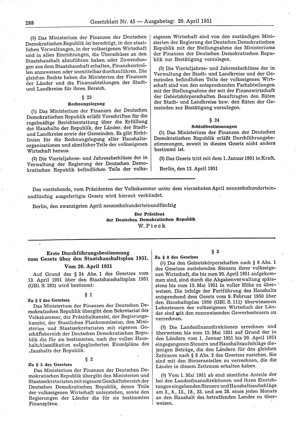 Gesetzblatt (GBl.) der Deutschen Demokratischen Republik (DDR) 1951, Seite 288 (GBl. DDR 1951, S. 288)