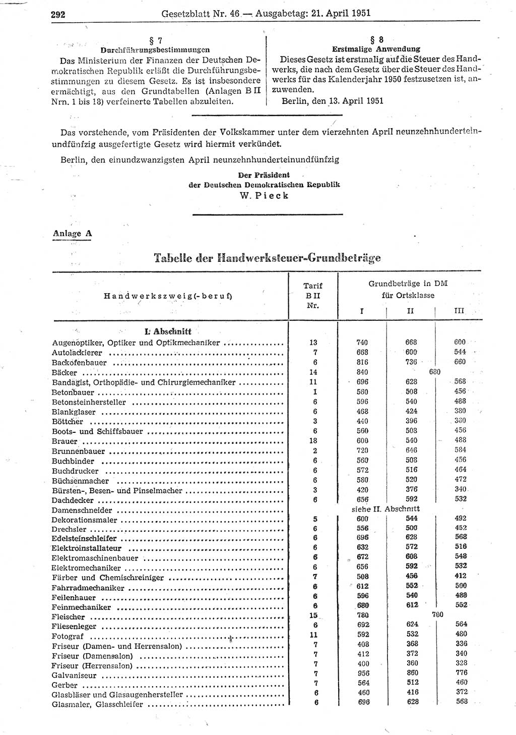 Gesetzblatt (GBl.) der Deutschen Demokratischen Republik (DDR) 1951, Seite 292 (GBl. DDR 1951, S. 292)