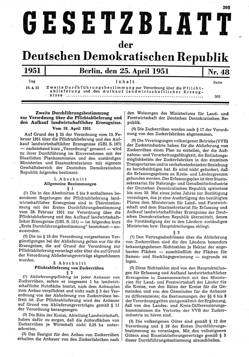 Gesetzblatt (GBl.) der Deutschen Demokratischen Republik (DDR) 1951, Seite 305 (GBl. DDR 1951, S. 305)