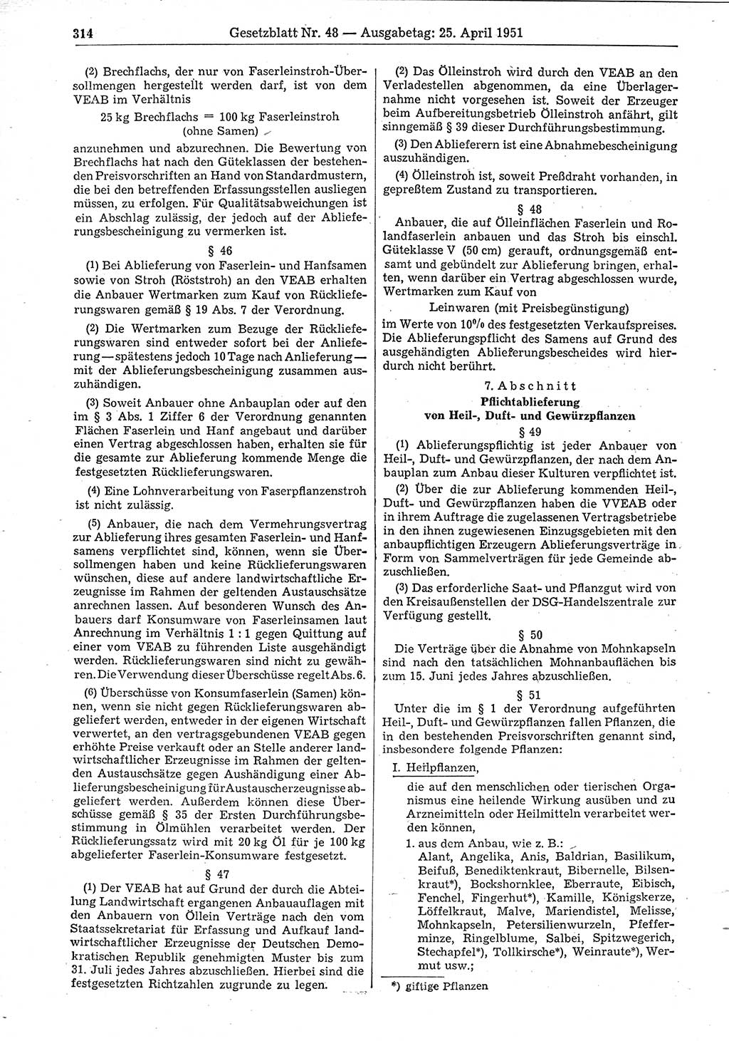 Gesetzblatt (GBl.) der Deutschen Demokratischen Republik (DDR) 1951, Seite 314 (GBl. DDR 1951, S. 314)