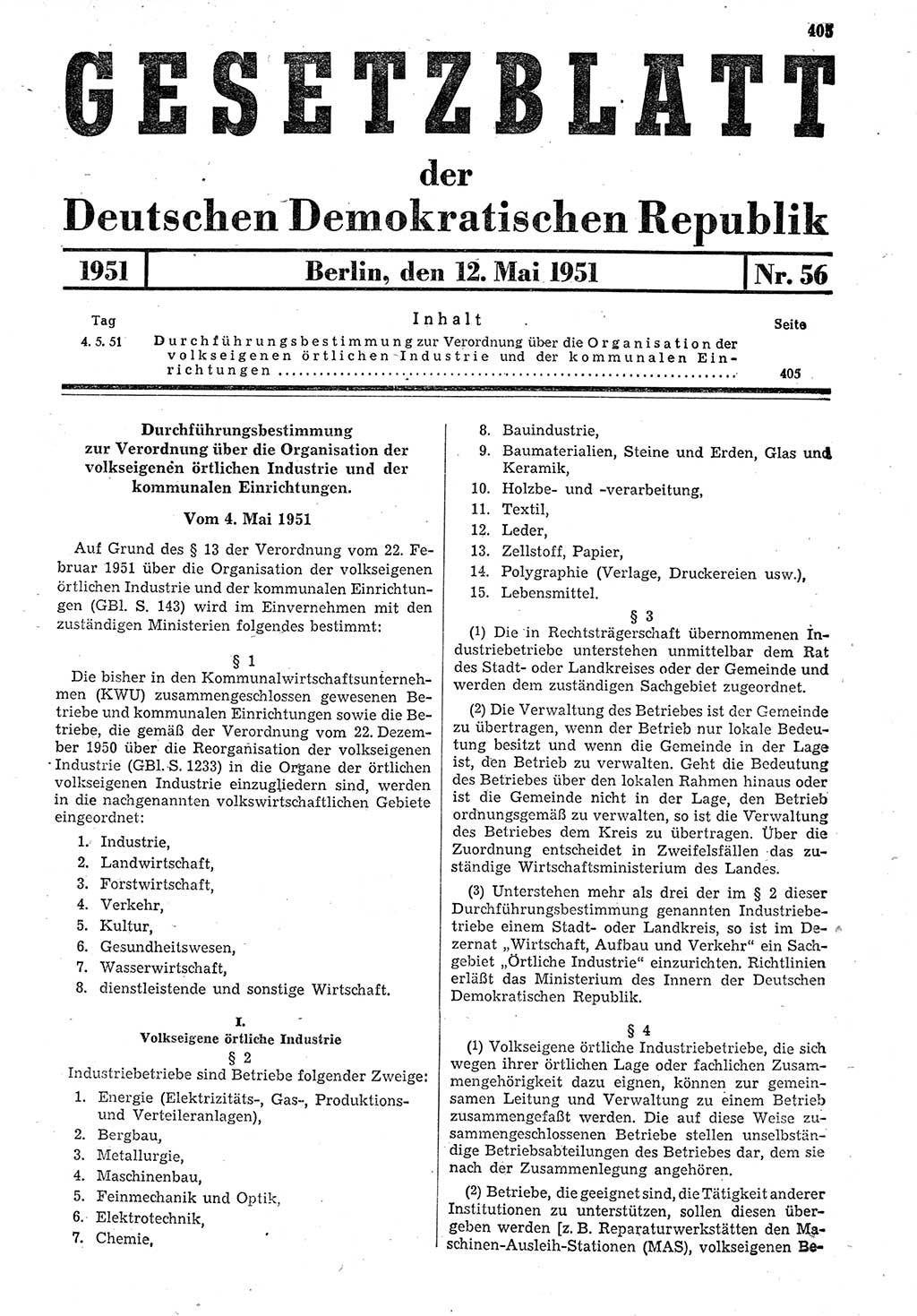 Gesetzblatt (GBl.) der Deutschen Demokratischen Republik (DDR) 1951, Seite 405 (GBl. DDR 1951, S. 405)