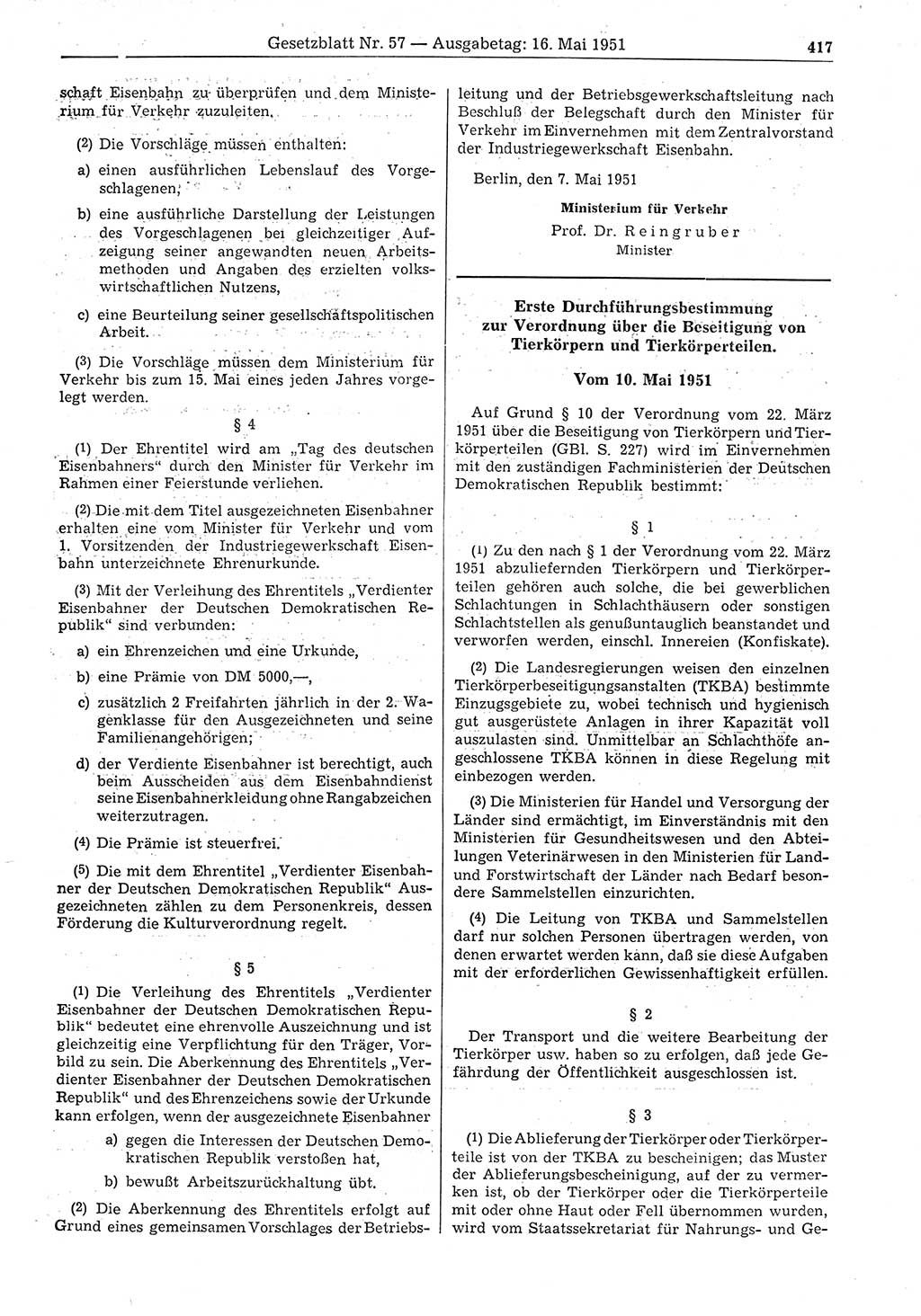 Gesetzblatt (GBl.) der Deutschen Demokratischen Republik (DDR) 1951, Seite 417 (GBl. DDR 1951, S. 417)