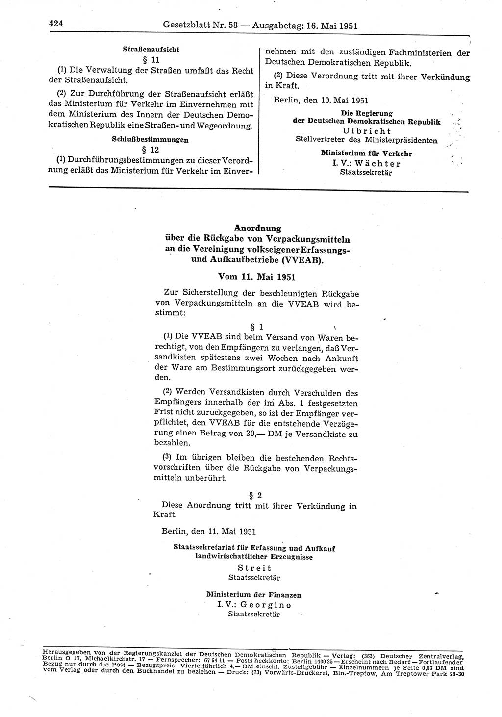 Gesetzblatt (GBl.) der Deutschen Demokratischen Republik (DDR) 1951, Seite 424 (GBl. DDR 1951, S. 424)