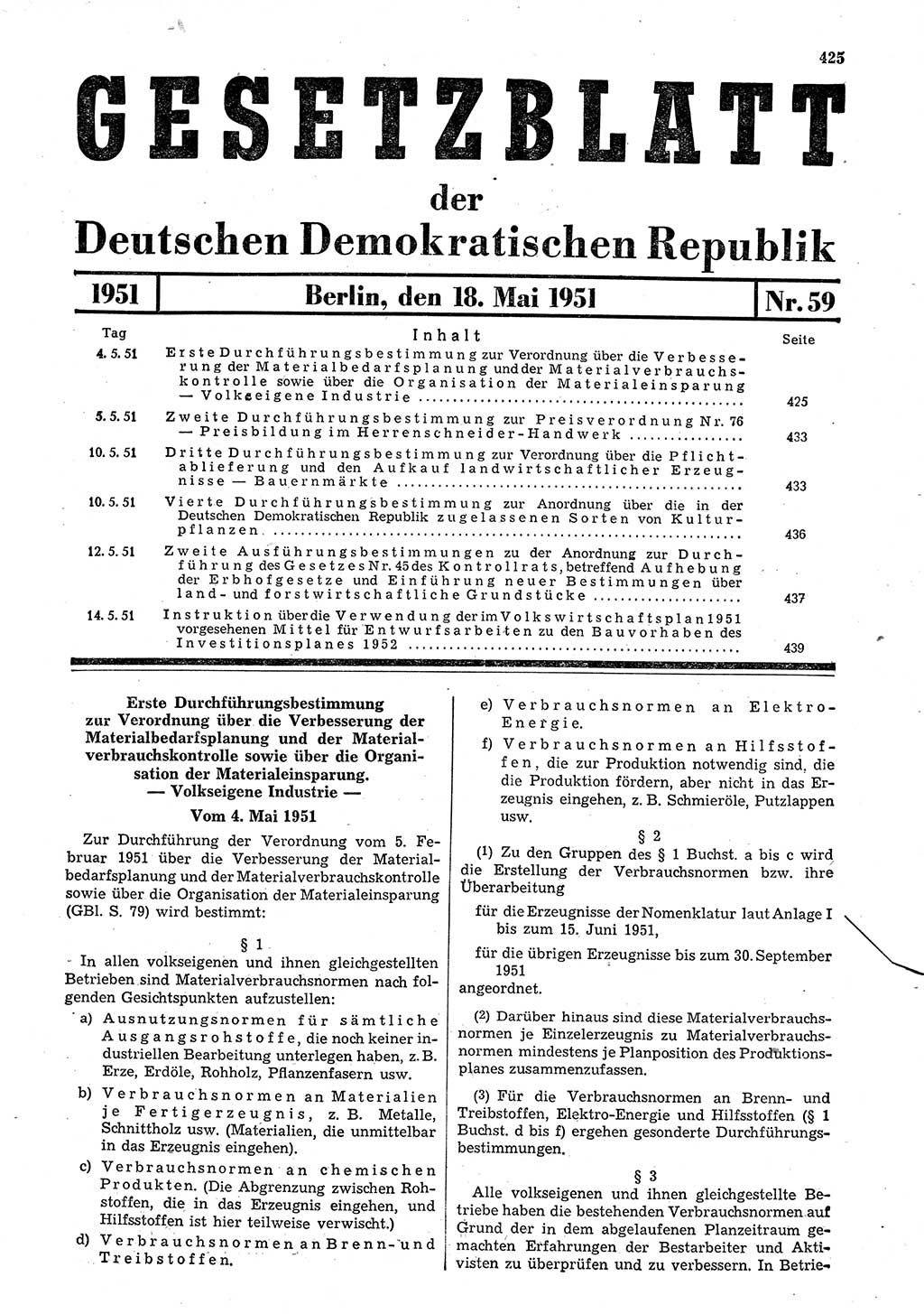 Gesetzblatt (GBl.) der Deutschen Demokratischen Republik (DDR) 1951, Seite 425 (GBl. DDR 1951, S. 425)