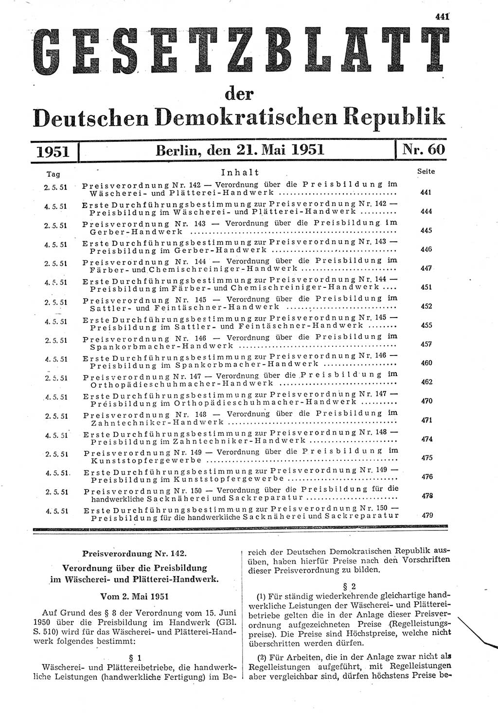 Gesetzblatt (GBl.) der Deutschen Demokratischen Republik (DDR) 1951, Seite 441 (GBl. DDR 1951, S. 441)