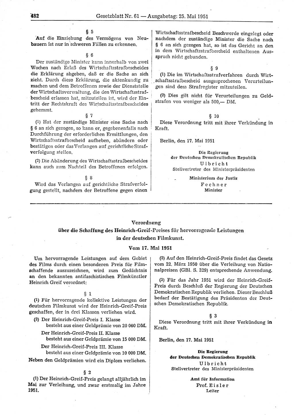 Gesetzblatt (GBl.) der Deutschen Demokratischen Republik (DDR) 1951, Seite 482 (GBl. DDR 1951, S. 482)