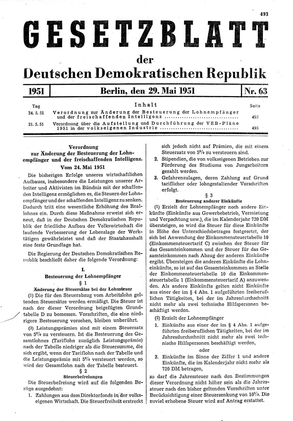 Gesetzblatt (GBl.) der Deutschen Demokratischen Republik (DDR) 1951, Seite 493 (GBl. DDR 1951, S. 493)