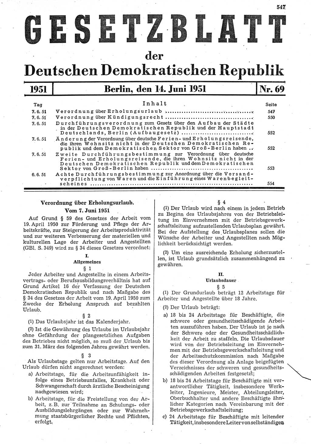 Gesetzblatt (GBl.) der Deutschen Demokratischen Republik (DDR) 1951, Seite 547 (GBl. DDR 1951, S. 547)