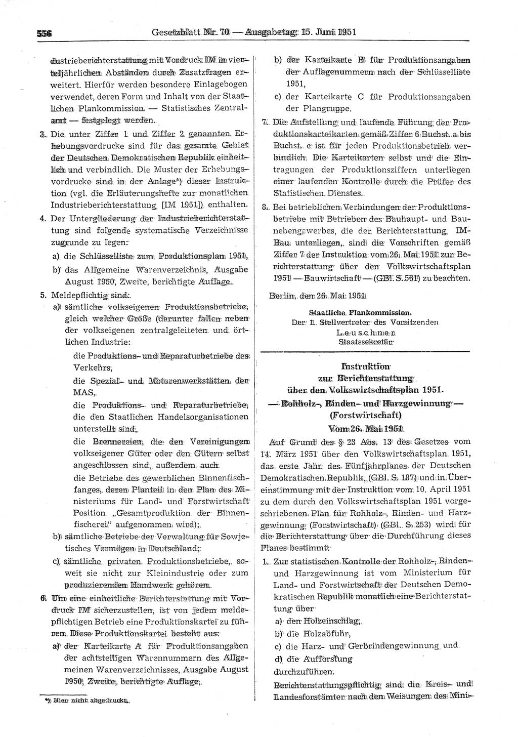 Gesetzblatt (GBl.) der Deutschen Demokratischen Republik (DDR) 1951, Seite 556 (GBl. DDR 1951, S. 556)