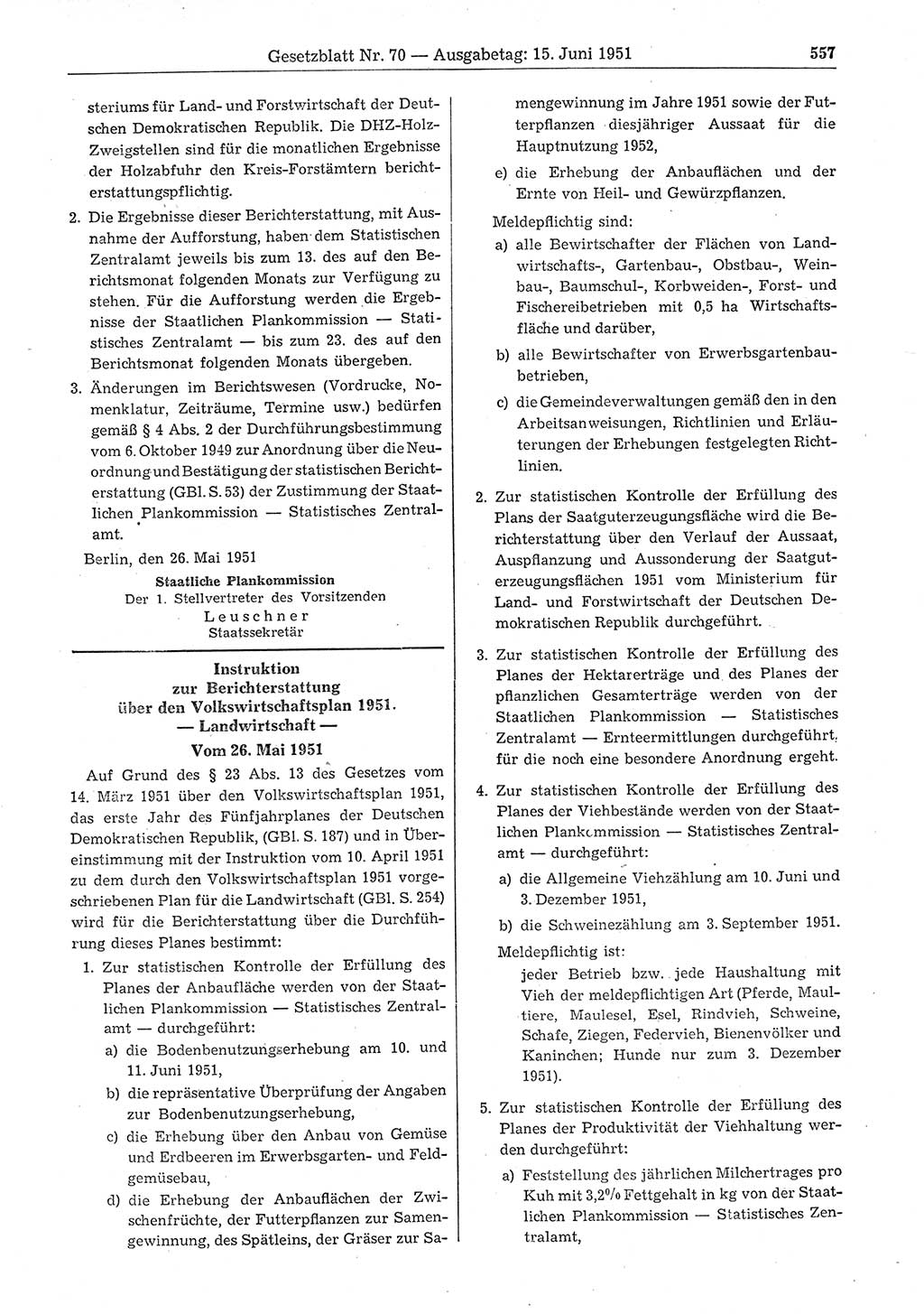 Gesetzblatt (GBl.) der Deutschen Demokratischen Republik (DDR) 1951, Seite 557 (GBl. DDR 1951, S. 557)