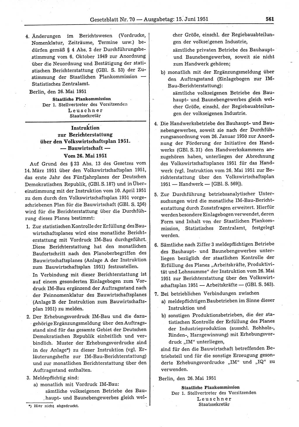 Gesetzblatt (GBl.) der Deutschen Demokratischen Republik (DDR) 1951, Seite 561 (GBl. DDR 1951, S. 561)