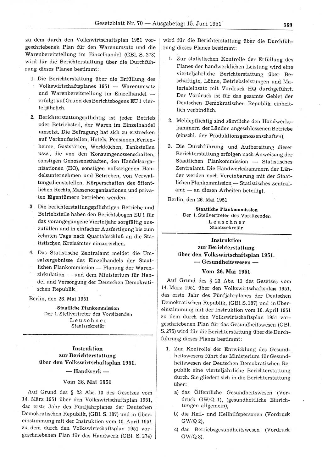 Gesetzblatt (GBl.) der Deutschen Demokratischen Republik (DDR) 1951, Seite 569 (GBl. DDR 1951, S. 569)