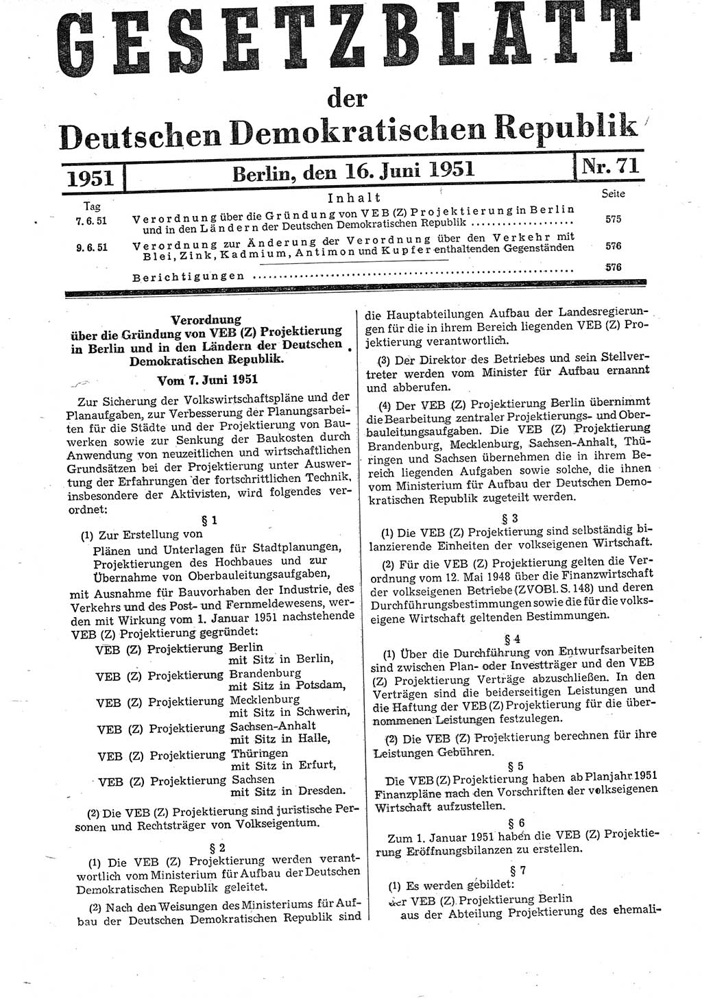 Gesetzblatt (GBl.) der Deutschen Demokratischen Republik (DDR) 1951, Seite 575 (GBl. DDR 1951, S. 575)