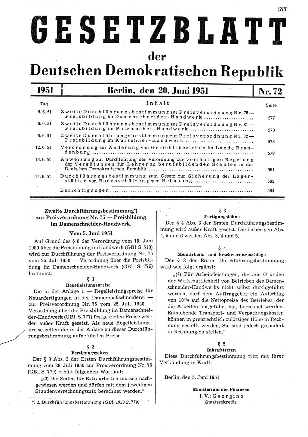 Gesetzblatt (GBl.) der Deutschen Demokratischen Republik (DDR) 1951, Seite 577 (GBl. DDR 1951, S. 577)