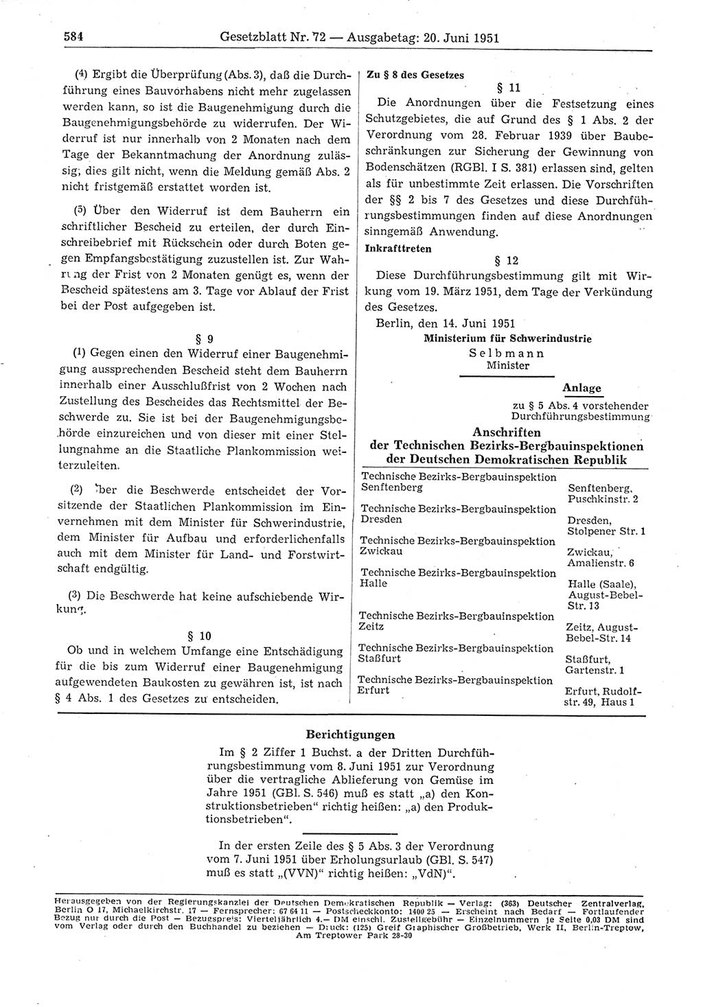 Gesetzblatt (GBl.) der Deutschen Demokratischen Republik (DDR) 1951, Seite 584 (GBl. DDR 1951, S. 584)