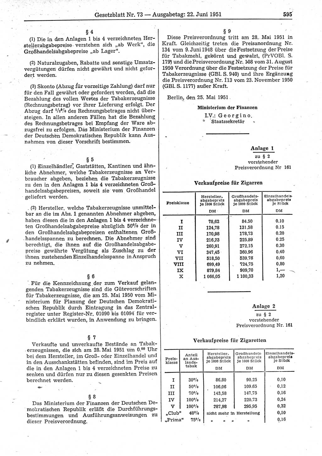 Gesetzblatt (GBl.) der Deutschen Demokratischen Republik (DDR) 1951, Seite 595 (GBl. DDR 1951, S. 595)