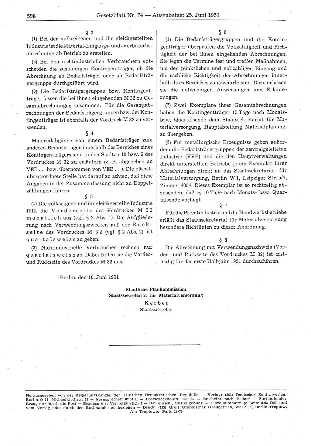 Gesetzblatt (GBl.) der Deutschen Demokratischen Republik (DDR) 1951, Seite 598 (GBl. DDR 1951, S. 598)