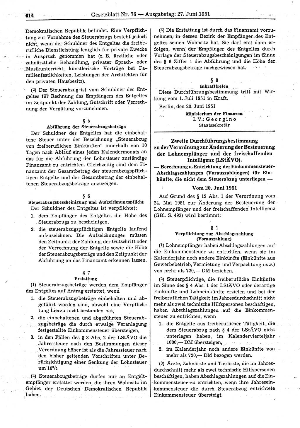 Gesetzblatt (GBl.) der Deutschen Demokratischen Republik (DDR) 1951, Seite 614 (GBl. DDR 1951, S. 614)