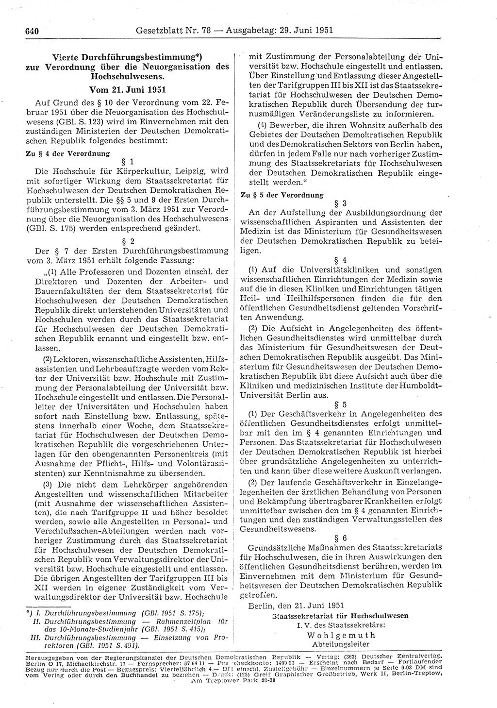 Gesetzblatt (GBl.) der Deutschen Demokratischen Republik (DDR) 1951, Seite 640 (GBl. DDR 1951, S. 640)