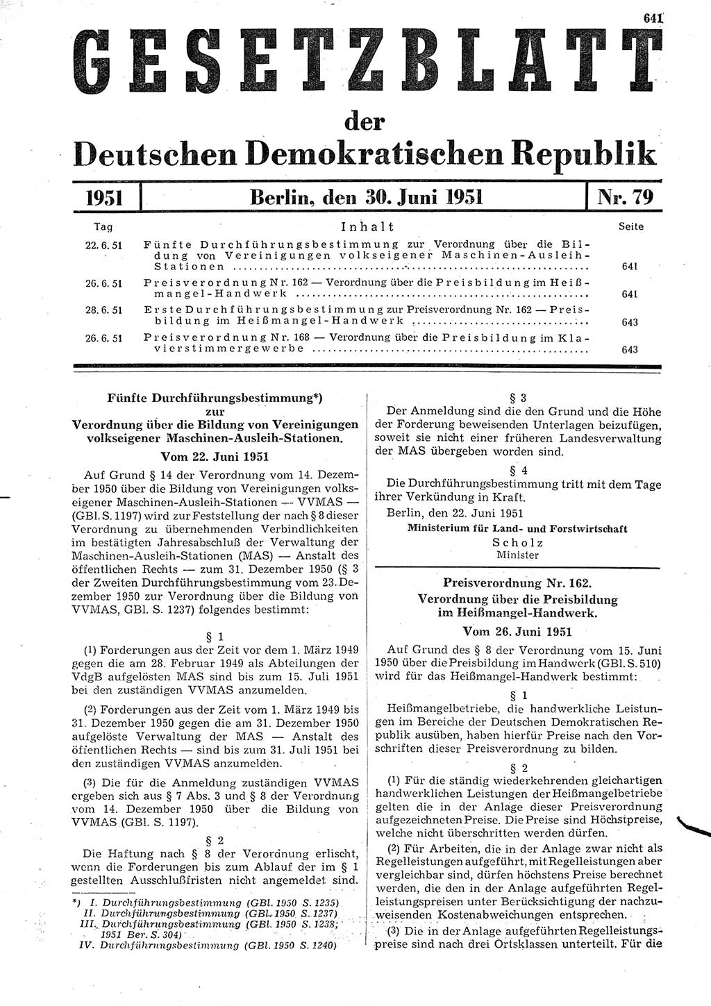 Gesetzblatt (GBl.) der Deutschen Demokratischen Republik (DDR) 1951, Seite 641 (GBl. DDR 1951, S. 641)